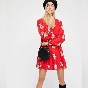 Free People Emma red/orange white embroidered floral accent open back guaze mini
